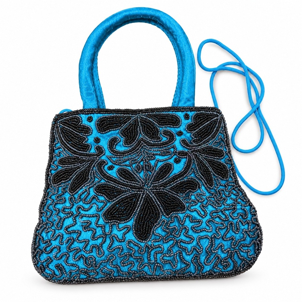Vintage Beaded Evening Bag Small Turquoise Black Floral Satin Y2K Party Purse